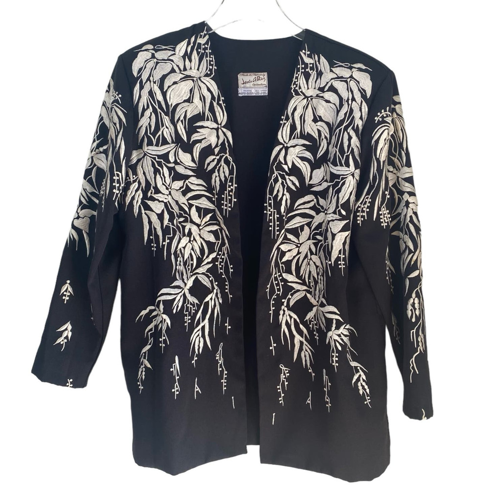 Jesus A Diaz Collection Womens Blazer Jacket Black White Floral Leaf Embroidery